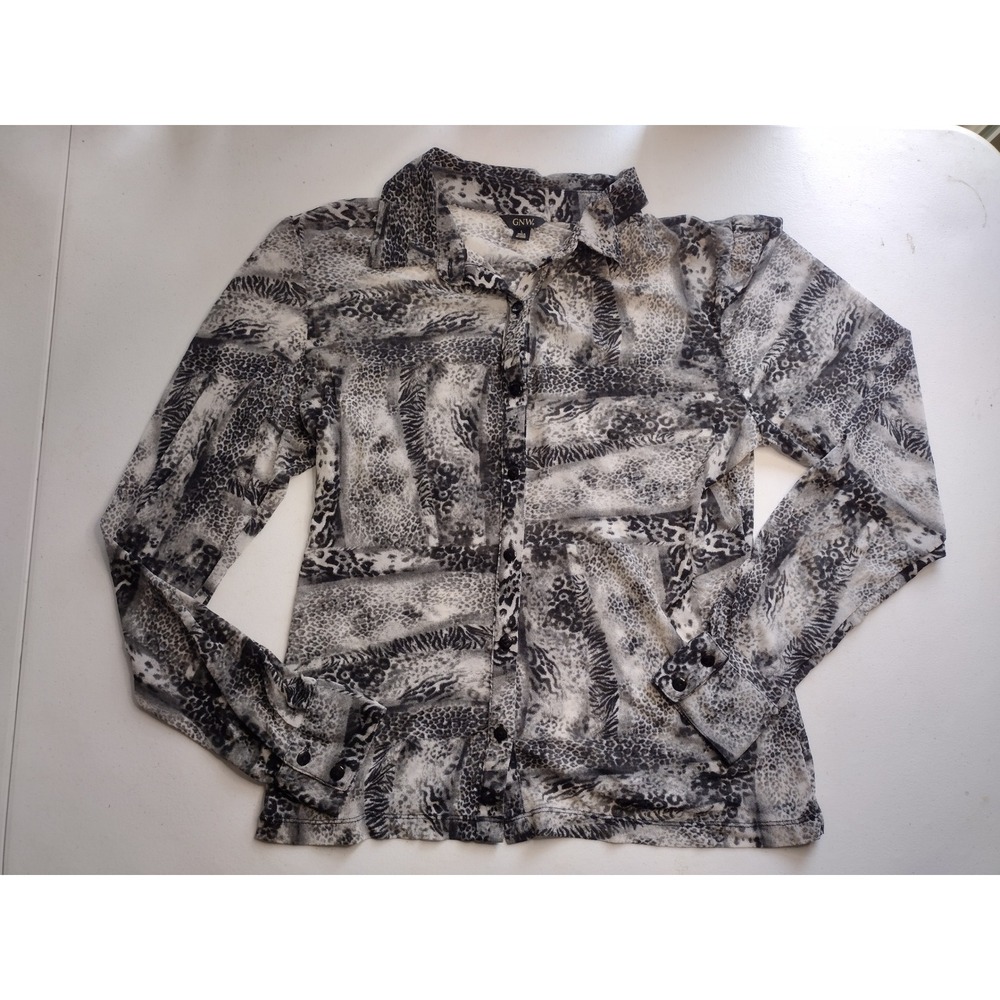 GNW Womens Sheer Animal Print Button Down Shirt Long Sleeve Size L